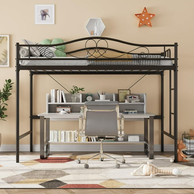 Loft Bed with Stairs Metal Single Loft Bunk Bed designed with a durable black iron frame, integrated side ladder, and full safety guardrails. The bed features a spacious 58.85-inch under-bed area with a desk and shelves, perfect for study or storage. Noise-free and space-saving, ideal for kids' rooms, shown in a warm, playful setting with neutral walls and colorful decor.