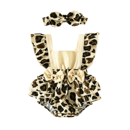 

One opening Baby Girl Summer Jumpsuit Sets Floral/ Leopard Print Ruffle Flying Sleeve Rompers and Stretch Bow Headband