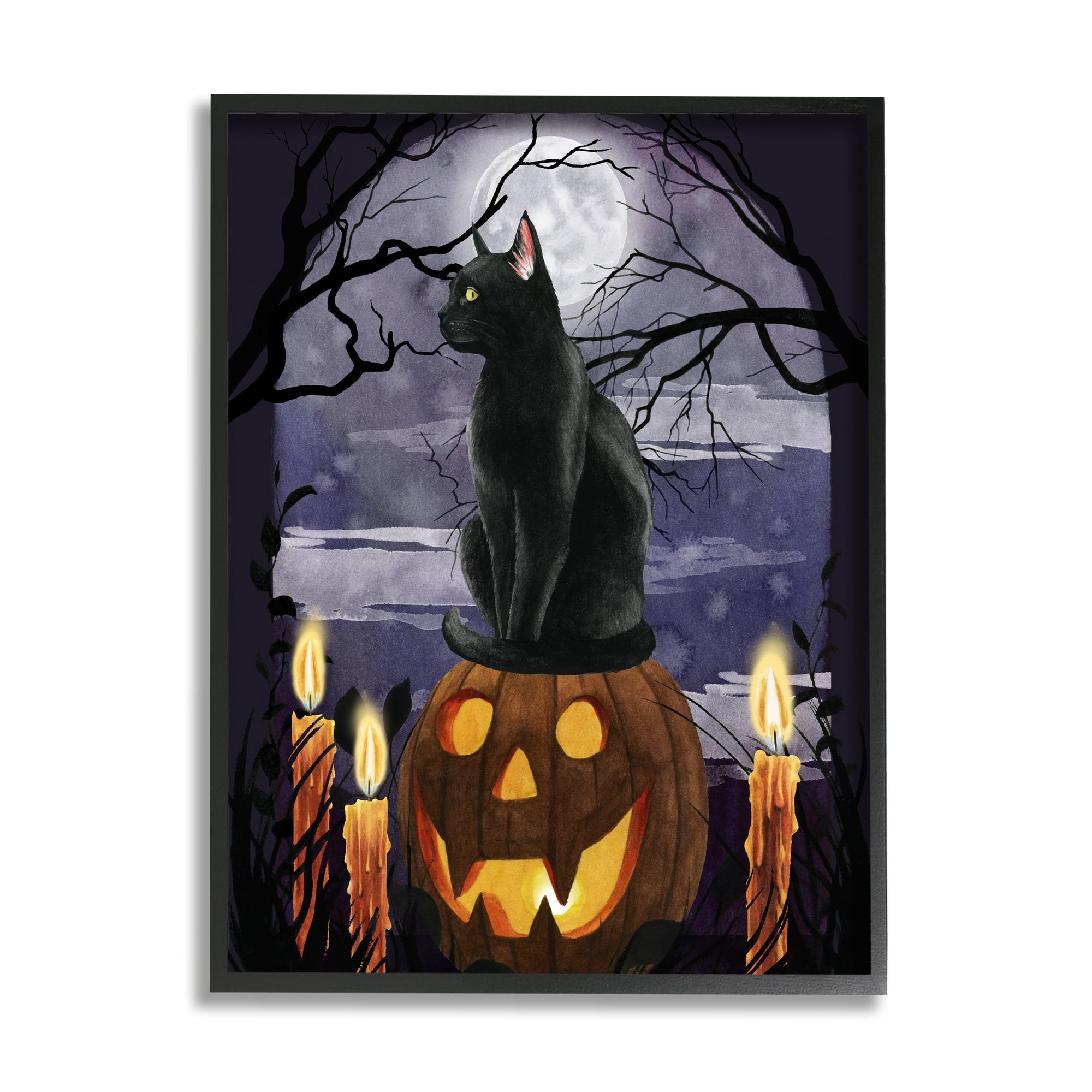 Stupell Industries Full Moon Halloween Night Spooky Black Cat Jack-o'-lantern, 16 x 20, Design by Grace Popp