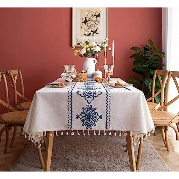 XmhyTop Washable Cotton Linen Solid Design Tablecloth,Rectangle Table Cloth Cover for Kitchen Dinning Tabletop Buffet Decoration Auspicious Clouds Blue(Rectangle/Oblong,55 X 70 Inch)