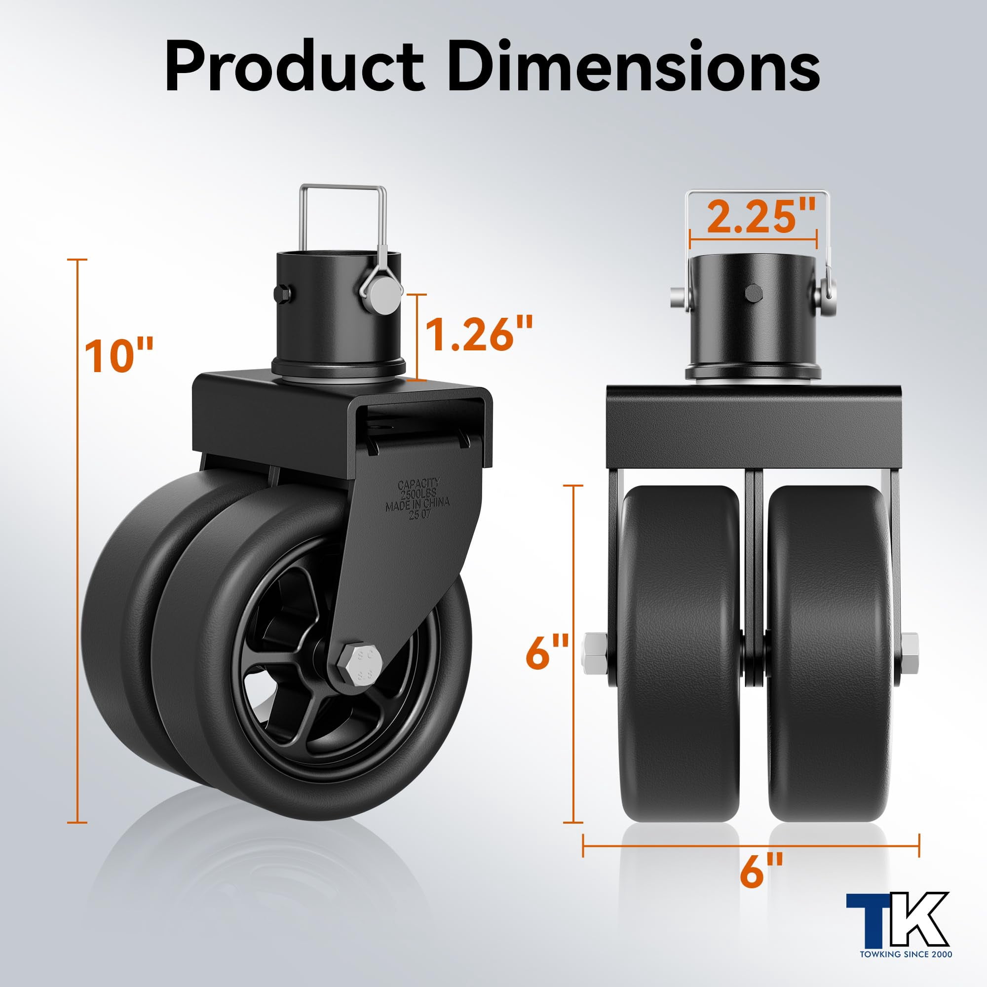 TOWKING 2,500lbs Dual 6" Trailer Jack Swivel Caster with Upgraded Spoked Wheels and Reinforced Bracket, Black
