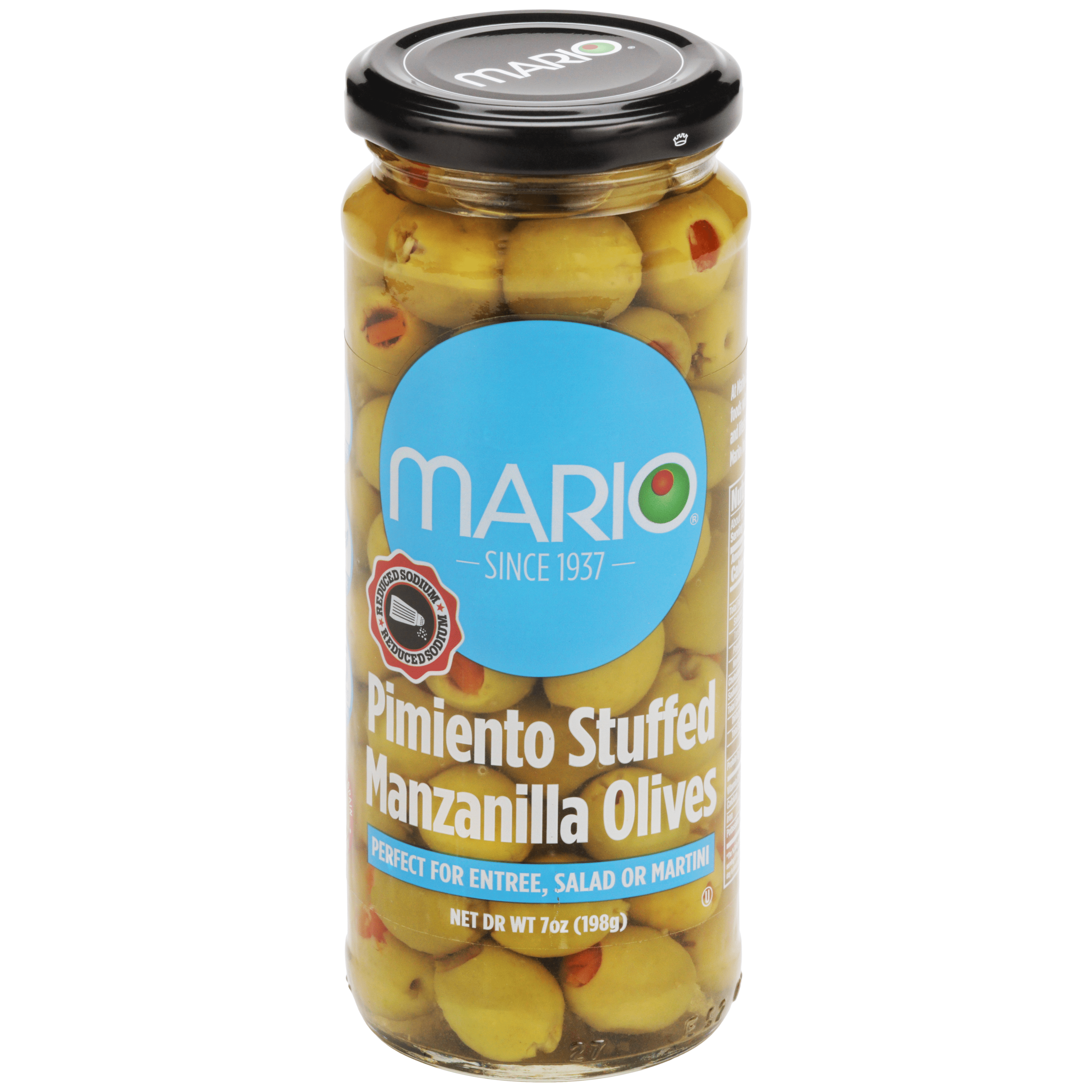 Mario Reduced Sodium Green Olives Stuffed with Pimiento, 7 oz