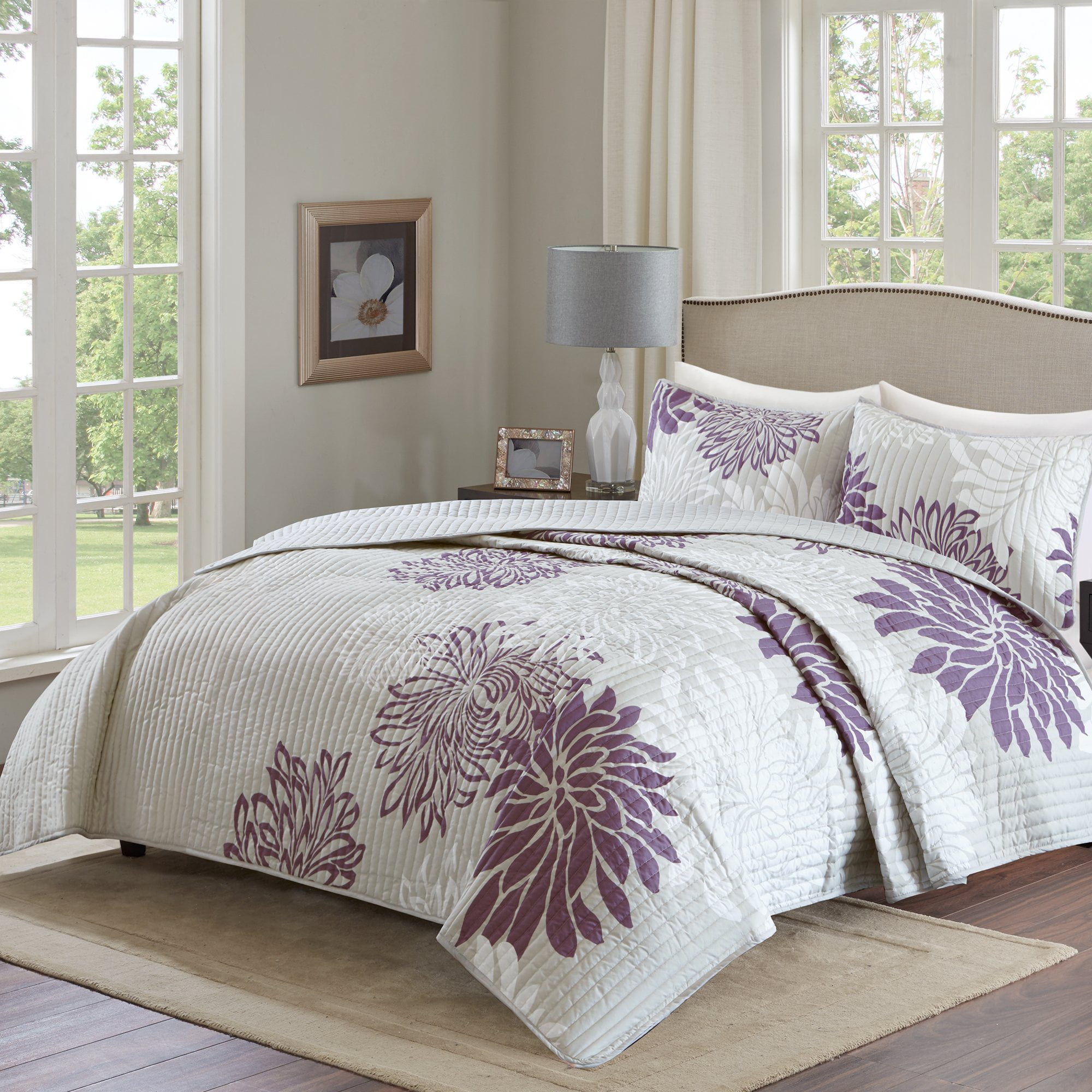 Comfort Spaces Full/Queen Size Quilt Set, 3-Piece Floral Bedspread Bedding Set, Purple and Gray Coverlet Set for All Season, Lightweight Comforter Set