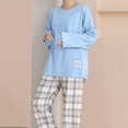 thumbnail image 2 of Women's 2 Piece Outfits Pajamas Sets Warm Crewneck Pullover Tops Wide Leg Pants Light Blue M, 2 of 4