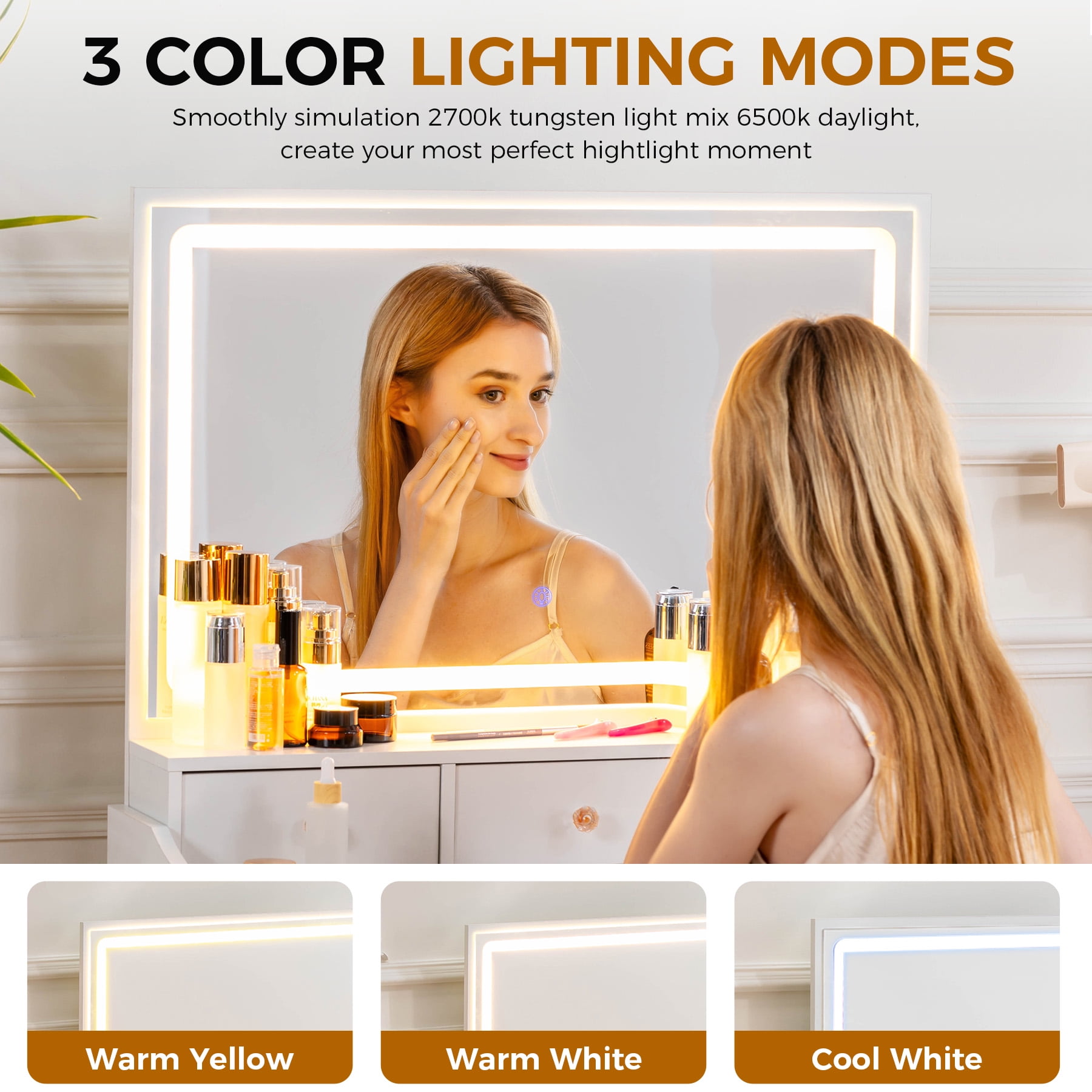 COMHOMA White Vanity Desk with Mirror and Lights, Vanity Table and Chair Set with 4 Drawers and Charging Station