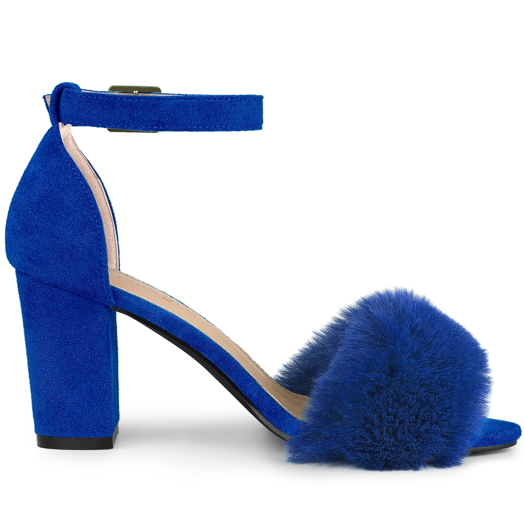 DARING DIVA Women's Ankle Strap Faux Fur Block Heels Beige Sandals for Wear Blue 6