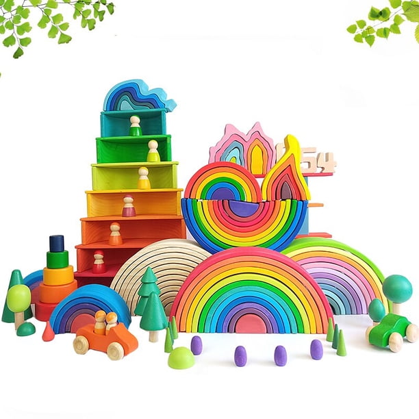 children's wooden toy creative stacked rainbow building blocks baby toys large size Montessori educational toys for children heqiyong LED
