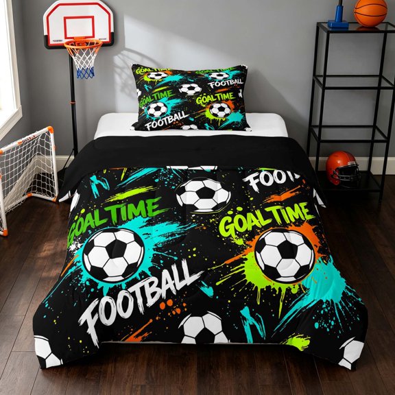 Manfei Cartoon Soccer Twin Comforter Sets, Sport Goal Time Football Print Bedding Set, Black Neon Green, Black Reversible 2 Pieces 1 Comforter and 1 Pillowcase