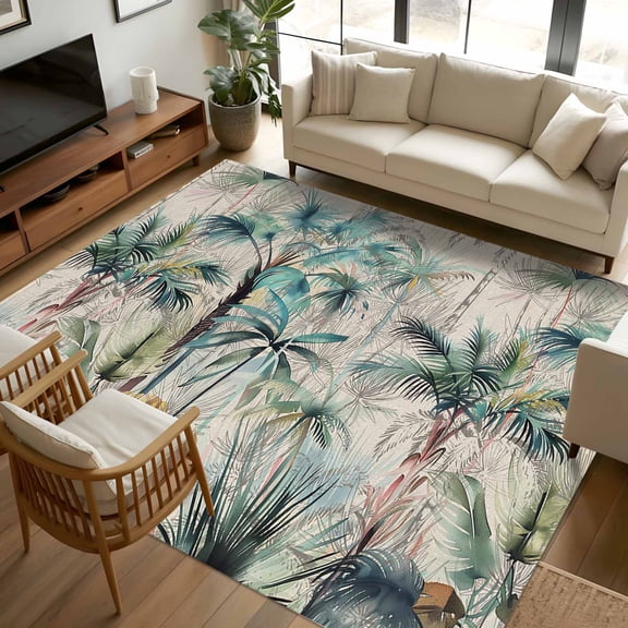 6x9 Area Rugs, Summer Palm Trees Non-Skid Rubber Backing Large Rectangle Rugs - Living Room Bedroom Home Office, Vintage Botanical Tropical Leaves Indoor Floor Mat Carpets Washable Rug