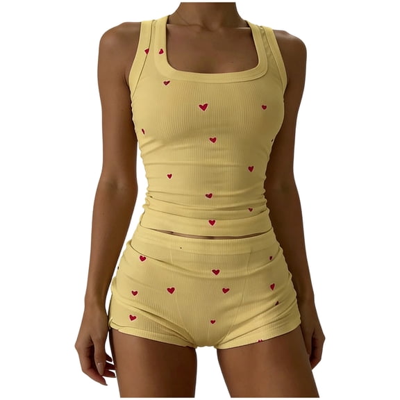 Stamozd Summer Lounge Sets for Women Love Heart Print Sleeveless Tank Tops and Shorts Set Casual Womens Pajama Sets Shorts Sleepwear Yellow L