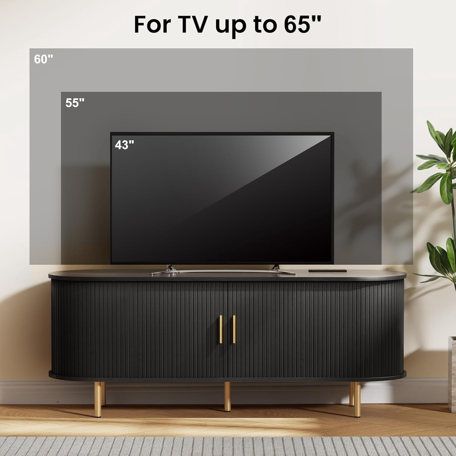 TV Stand with Power Outlet for TVs up to 60 Inch, Modern Entertainment Center with Storage, Adjustable Shelves & Sliding Doors, Media Console for Living Room Bedroom (Black, 55 Inch)