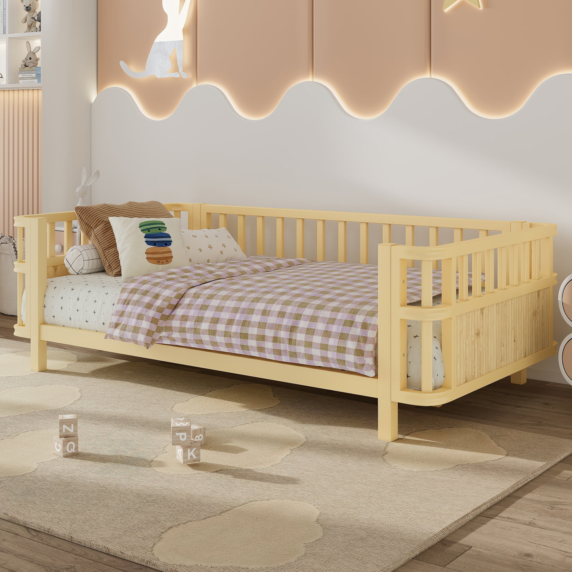 PORKISS Twin Bed Frame with Removable Guardrails, Low Profile Montessori Bed with Slat Support for Kids, No Box Spring Needed, Natural