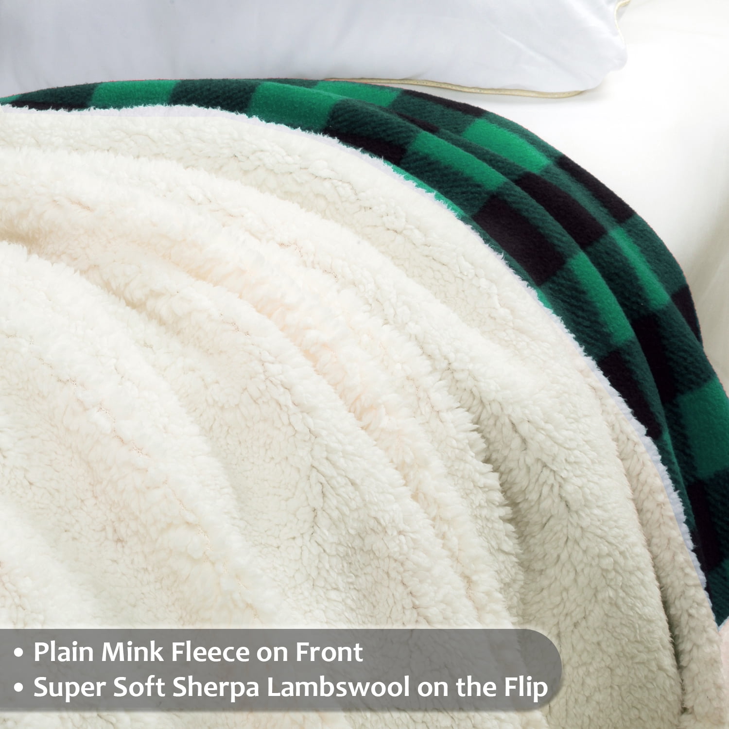 Catalonia Buffalo Plaid Sherpa Throw Blanket, Super Soft Reversible Fleece Blanket for Cabin Bed or Couch, Green Plaid, 50"" x 60"".