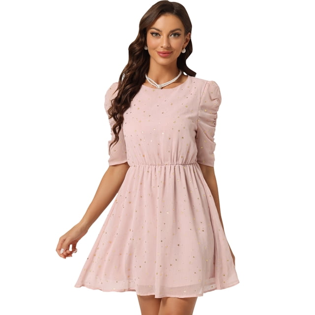 Disfraz de navidad Allegra K Vestido corto mujer mangas fruncidas estrellas metálicas doradas Rosa L
