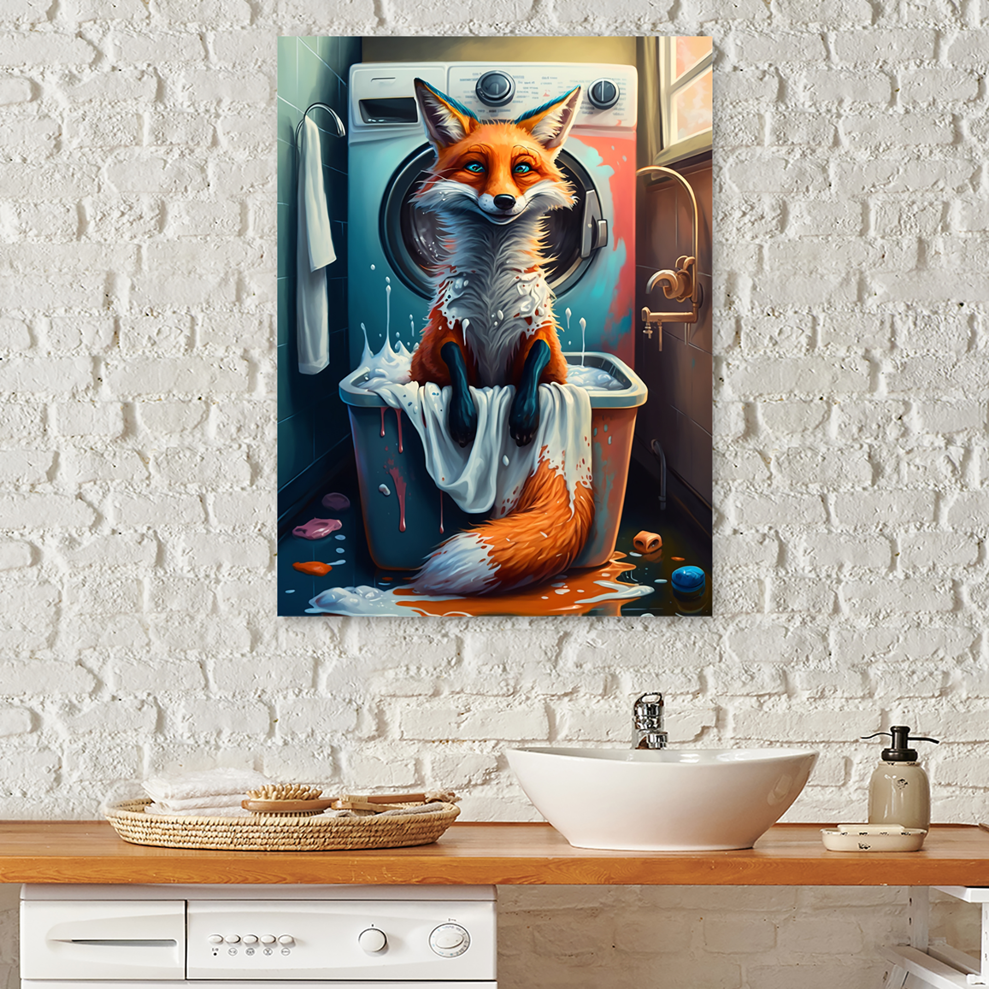 Designart Fox Sitting In Laundry Basket Canvas Wall Art