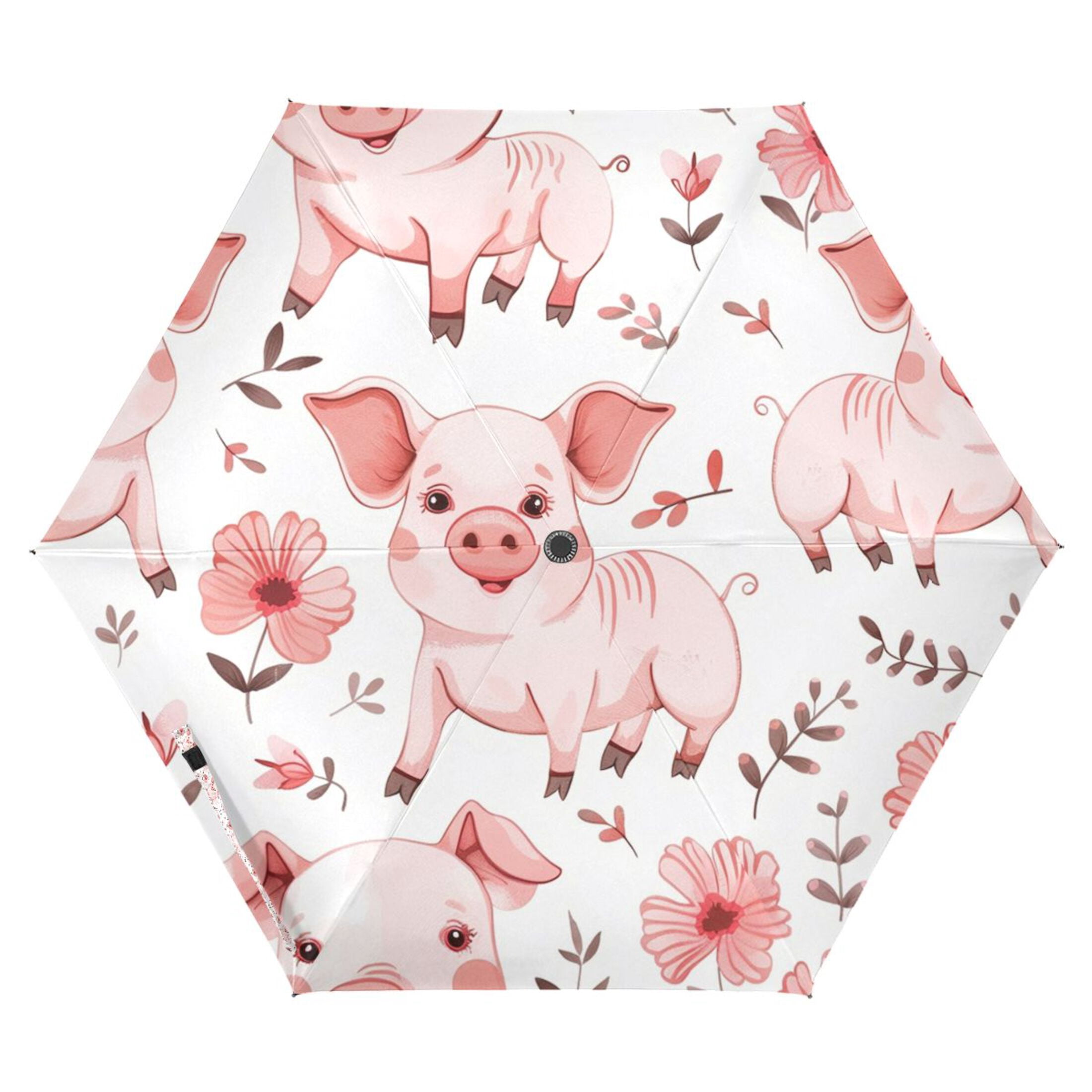 Cute Pig with Flower Compact Sun Umbrella Windproof Travel Umbrellas for Rain Strong Portable UV Protection