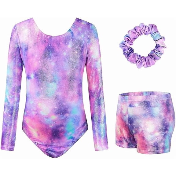 Gymnastics Leotards For Girls,Long Sleeve Sparkly Dance Biketards with Shorts Ballet Tumbling Outfit for 5-10 Years