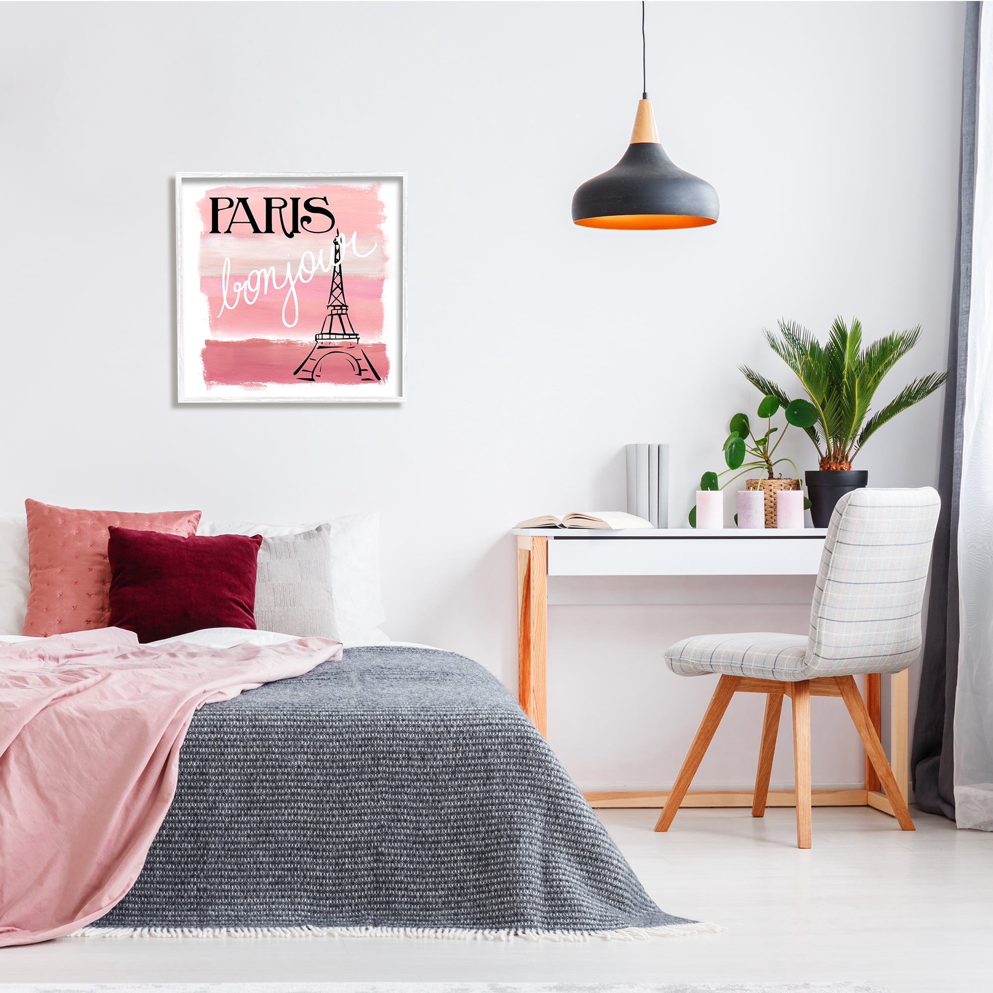 Stupell Industries Paris Bonjour French Eiffel Tower Abstract Pink Stripes, 24 x 24, Design by Nan