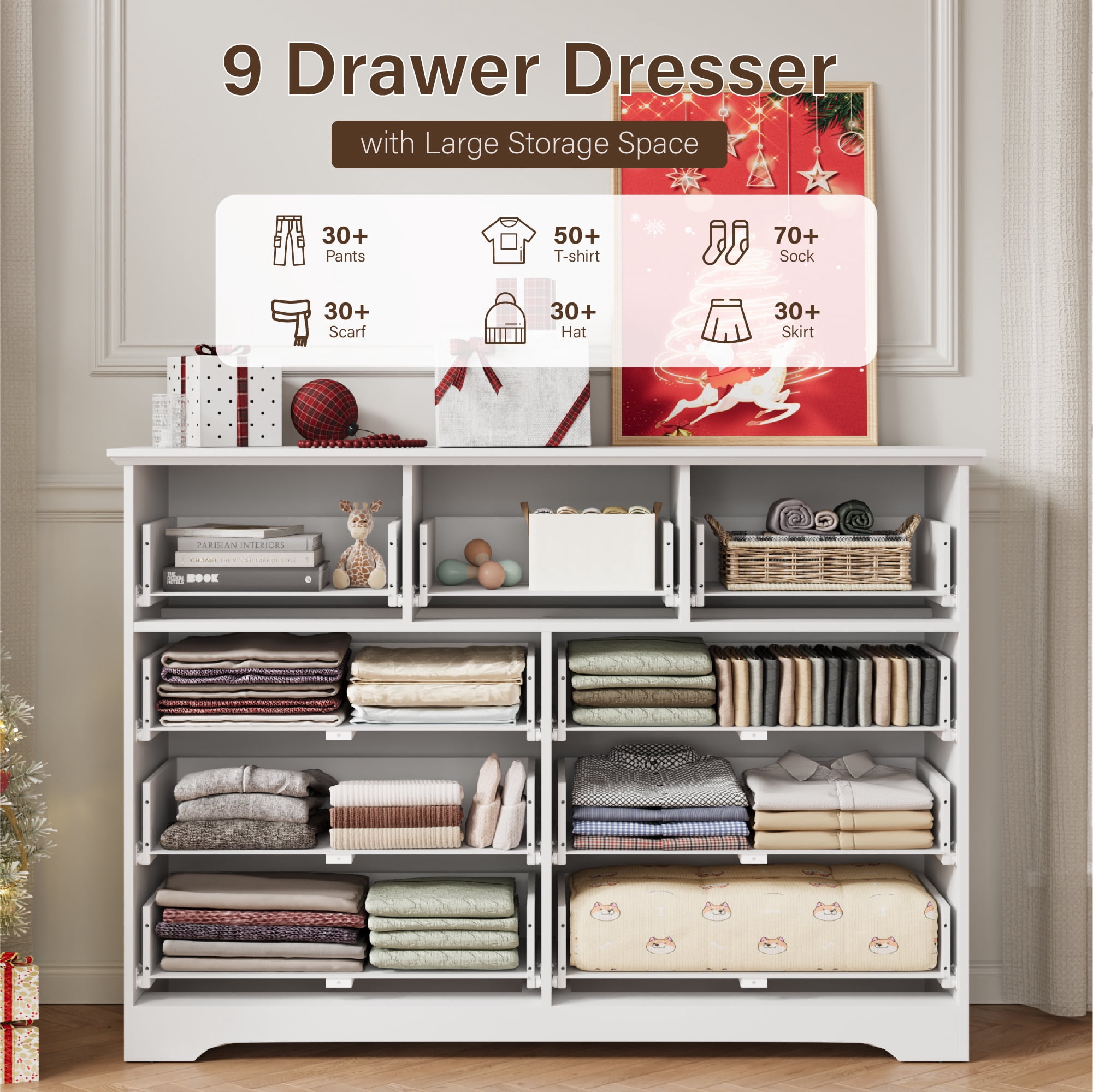 YouTrend 55.1" Wide Dresser for Bedroom, 9 Drawer Dresser with Large Drawers, Dresser for TVs Up to 65",White