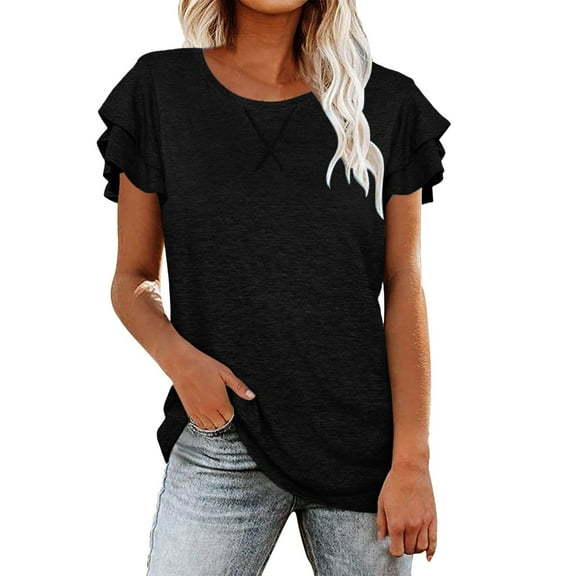 Womens tshirts ruffle sleeve summer casual tee shirts round neck solid color cute tunic dressy casual business outfits