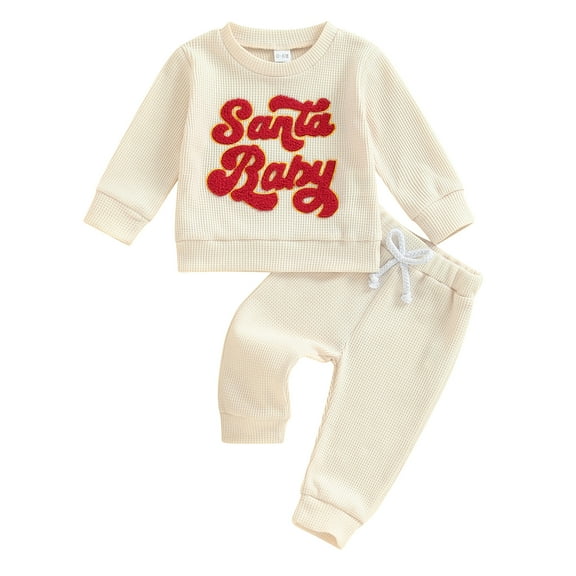 Elippeo Baby Boy Girl Christmas Waffle Outfit 6 12 18 24 Months 3 Years  Letter Embroidery Long Sleeve Sweatshirt Elastic Waist Pants 2 Piece Set