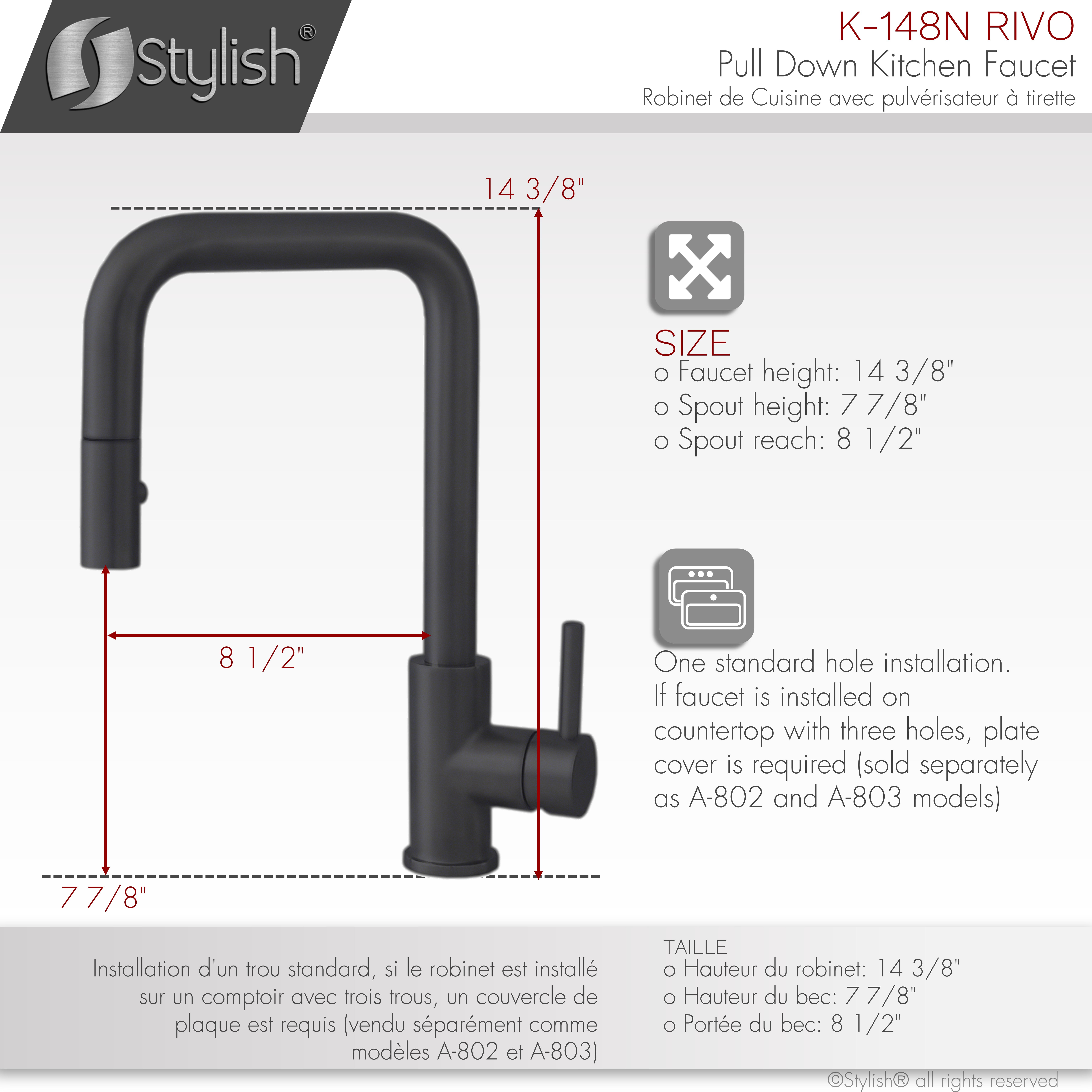 Stylish Rivo One-Handle Matte Black Pull Down Kitchen Faucet Height 14" K-148N