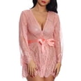 thumbnail image 5 of Women's Lace Trim Long Sleeve Belted Sheer Mesh Sleep Robe Nightgown, 5 of 9