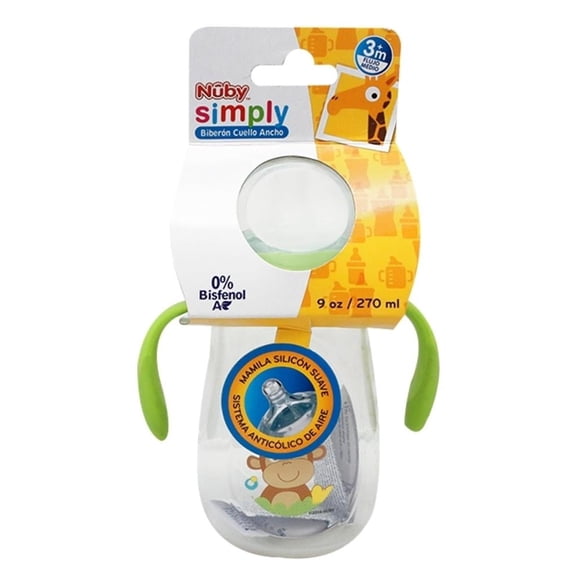 Biberón cuello ancho Nuby Simply flujo medio varios modelos 9 oz 270 ml 1 pza