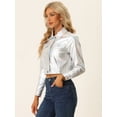 thumbnail image 4 of Chaqueta metálica para mujer Biker Holographic Button Down Chaquetas brillantes Plata M, 4 of 5