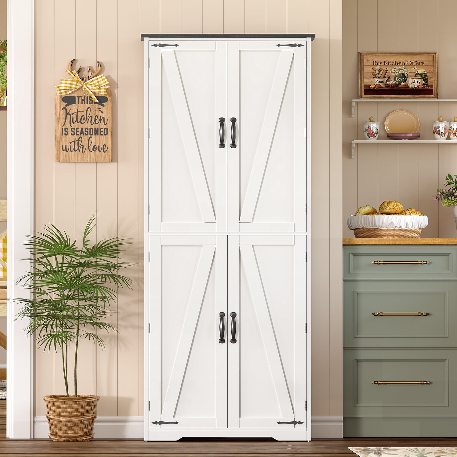 TEENFON 67" Kitchen Pantry Cabinet with 4 Doors, Farmhouse Pantry Cabinet with Adjustable Shelves, Storage Cabinet for Kitchen, Bathroom, White