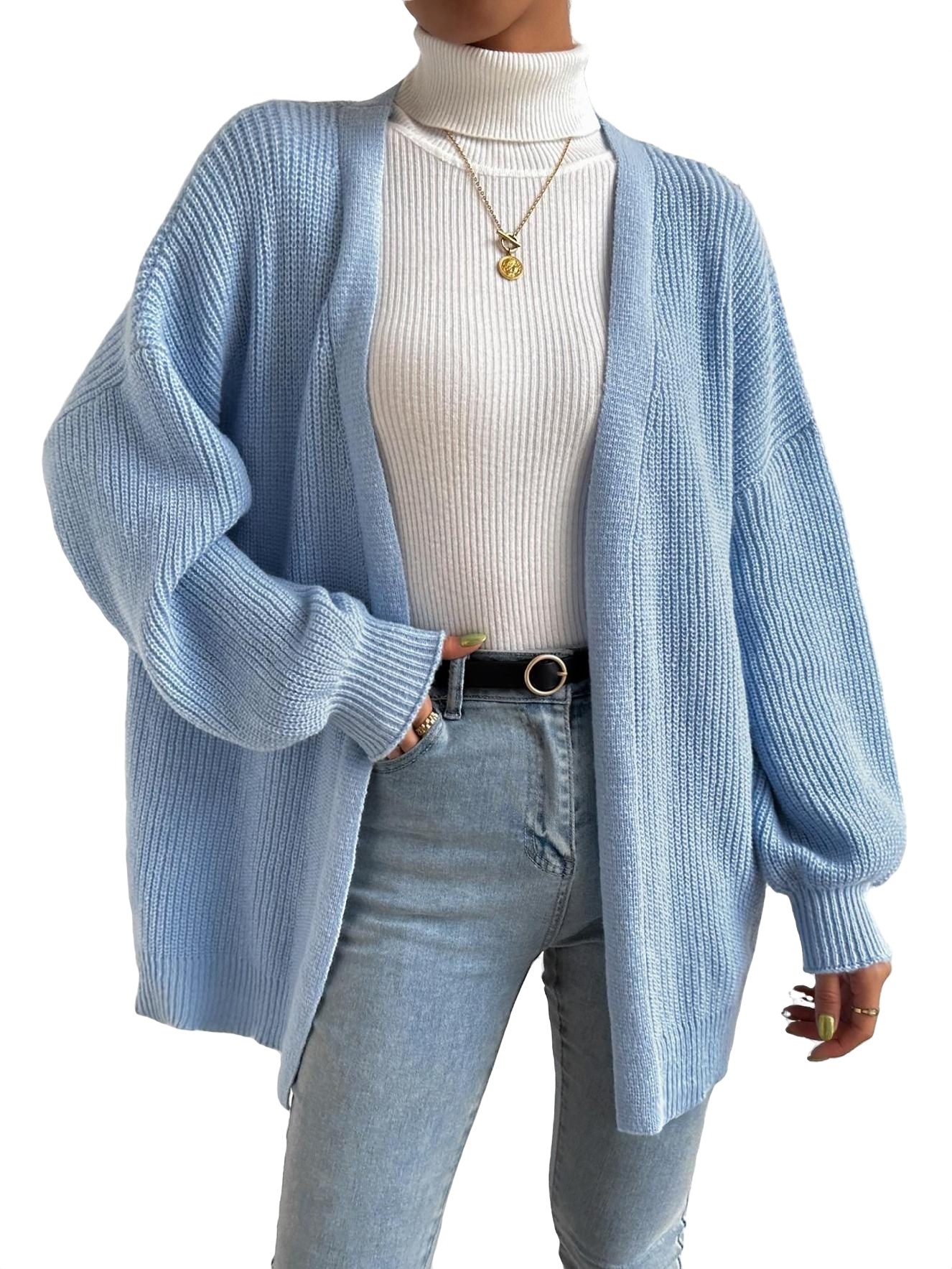 Cardigan Long Sleeve Baby Blue Women's Cardigans Casual Plain Cardigans