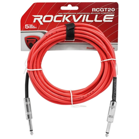 Rockville RCGT20R 20' 1/4'' TS to 1/4'' TS Guitar/Unbalanced Signal Cable-Red