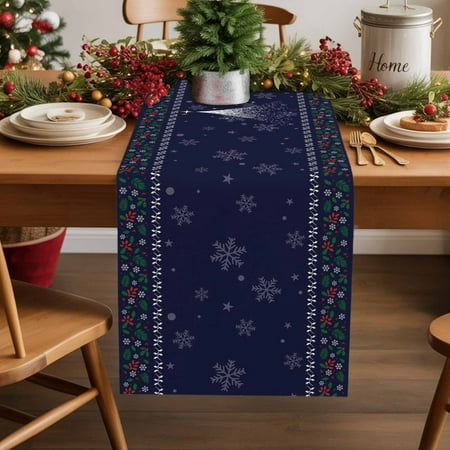 Blue Merry Christmas Elk Snow Table Runner 13x48in Non-Slip Cotton Linen Table Runners Winter Plants Shiny Stars Dresser Scarves TableRunner for Dinner Kitchen Dining Wedding Party