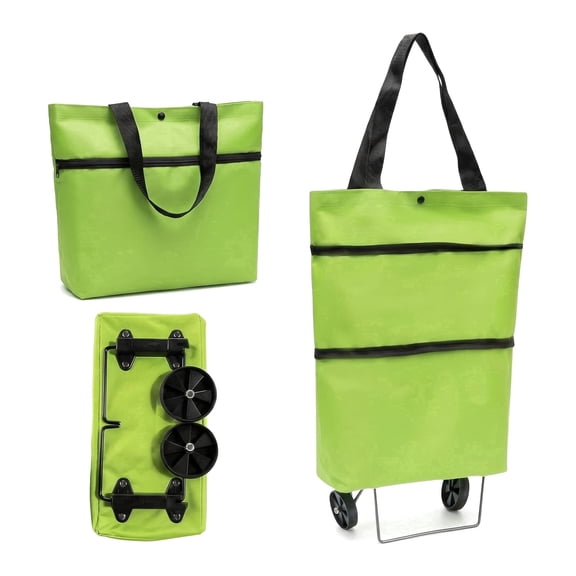 Foldable Shopping Cart with Wheels - 2-Pack Collapsible Rolling Grocery Carts, Portable Shopping Basket Tote for Travel, Camping & Laundry, Green