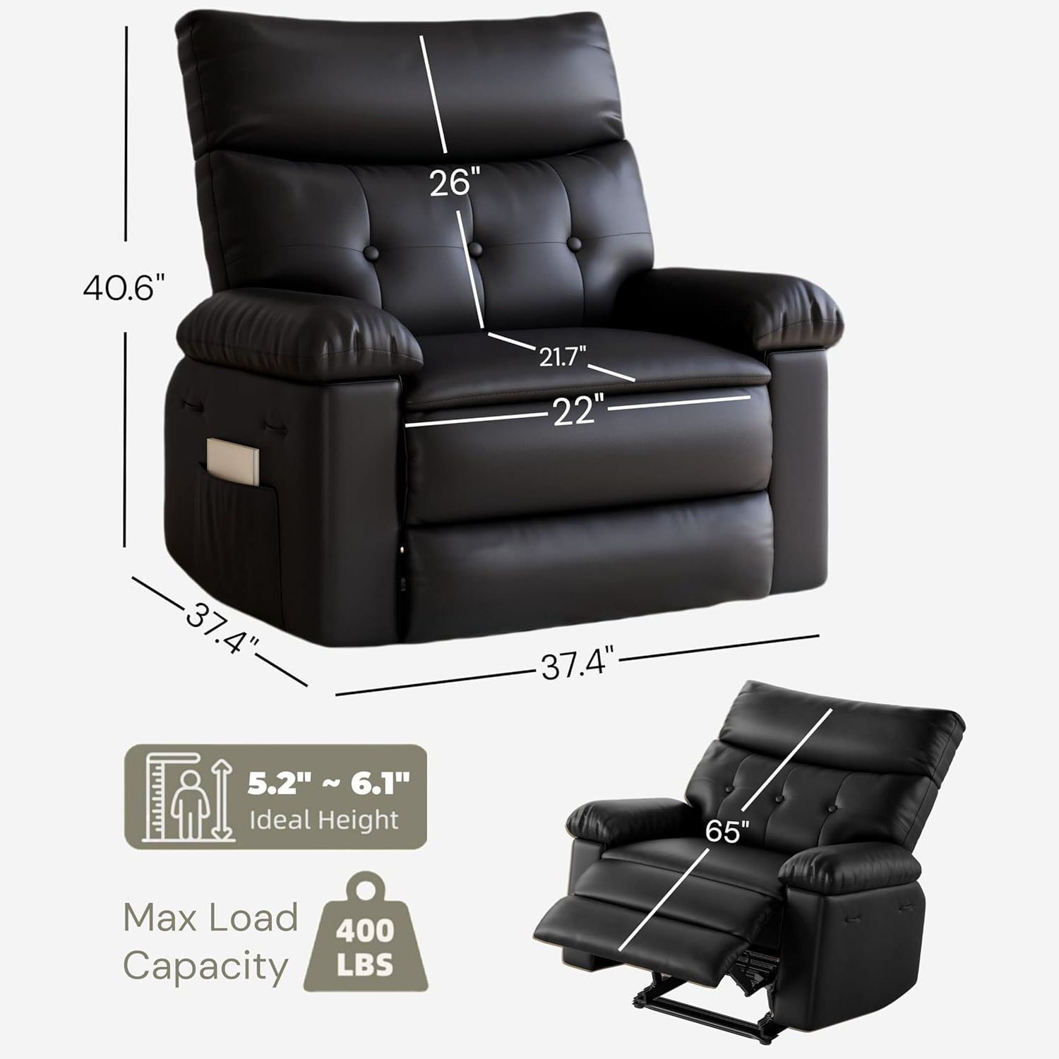 Shininglove 400LB PU Leather Recliner Chair w/Overstuffed Padding – Manual Recliner for Living Room, Bedroom | Oversized Comfort, 22" Seat