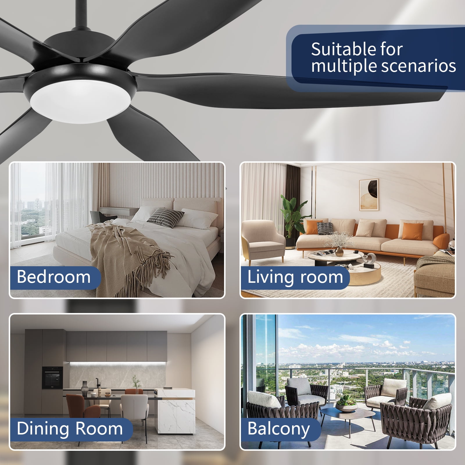 Wozzio 65 inch Ceiling Fan with Light and Remote, 3CCT Dimmable LED Light, 6 Black ABS Blades, Indoor & Outdoor