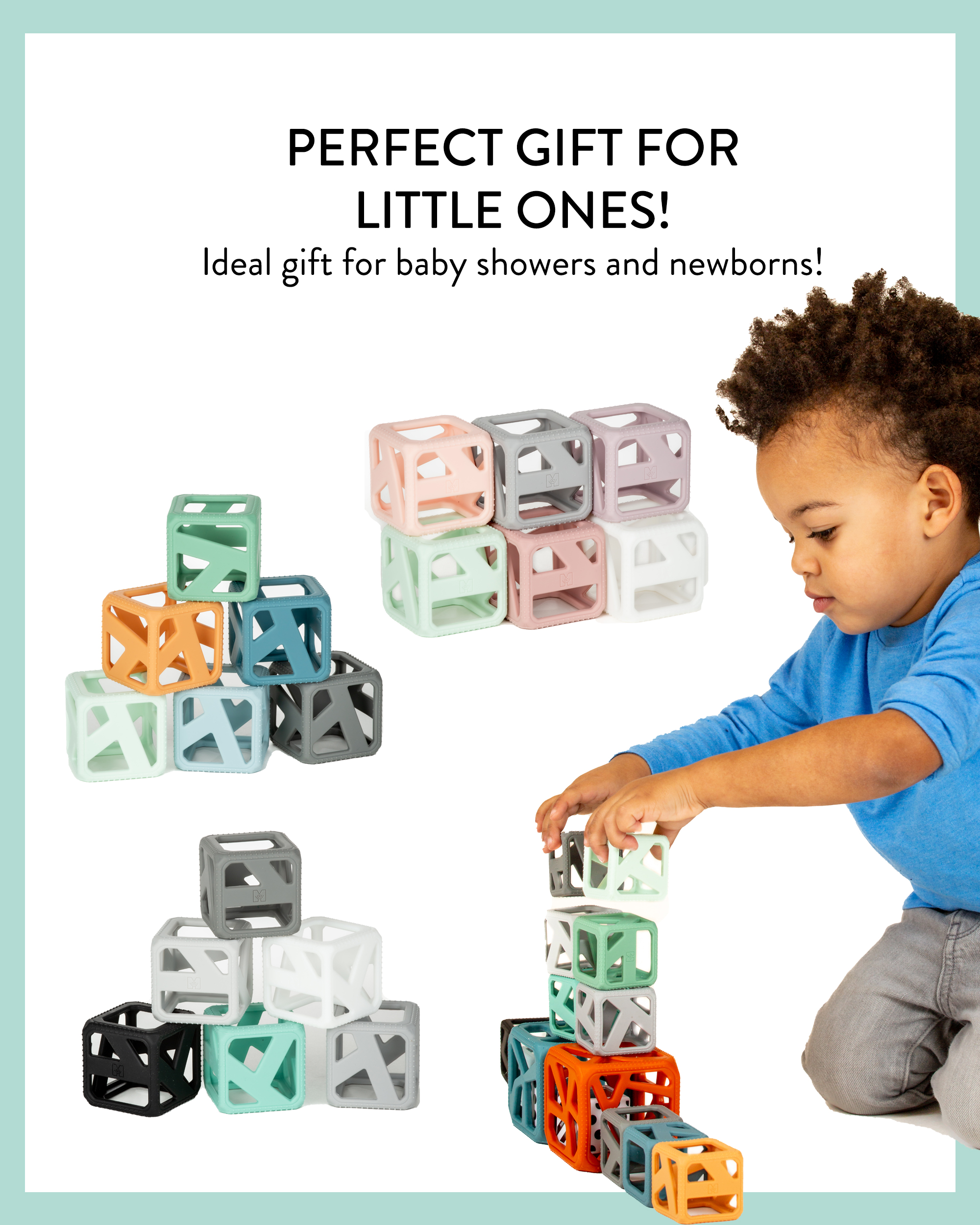 Malarkey Kids Stack N Chew Mini Cubes, Stackable and Chewable Sensory Teething Toy, 6 Pack, Monochrome