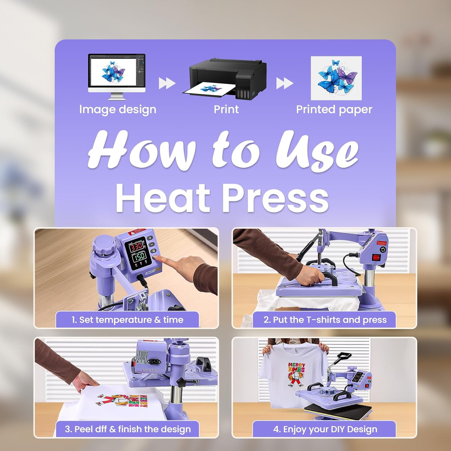 Adnoom 8 in 1 Heat Press Machine Combo, 15"x12" Sublimation Heat Transfer, 360°Swing Away, Digital shirt Press Machine for Hat Cap Mug Plate,Purple
