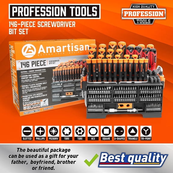 146-Piece Magnetic Screwdriver Set with Plastic Racking for and Professional Use