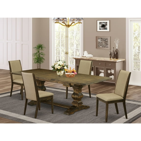 HomeStock Retro Relaxation 5-Piece Dining Table Set With ChairS Legs And Dark Khaki Linen Fabric Dining Room Chairs Set Of Four And Rectangular Dining Table - Distressed Jacobean Finish