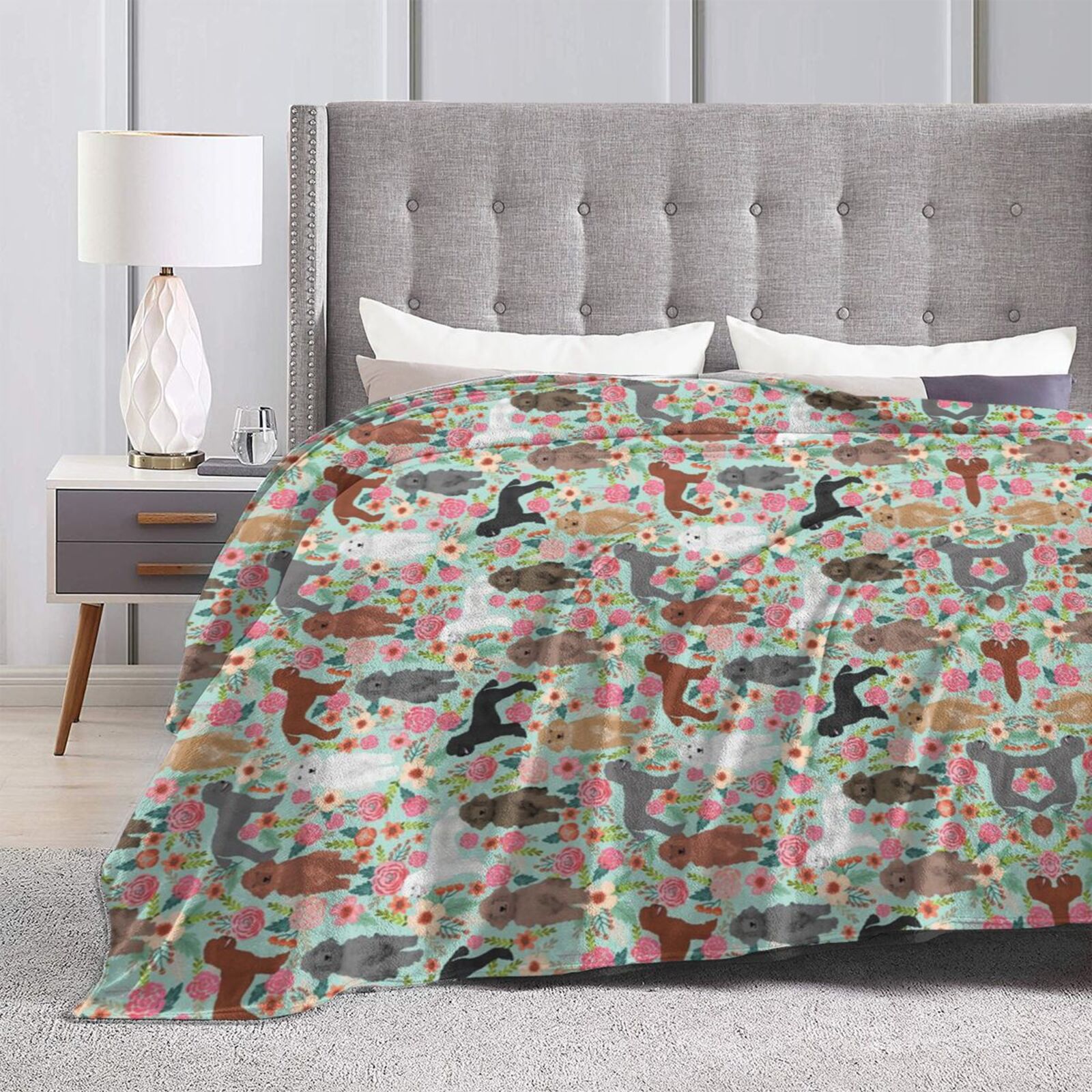 Wijzvio Poodle Dogs Flower Floral Throw Blanket Soft Fuzzy Fleece Blanket For Couch Bed Living Room Decoration 60"X50"