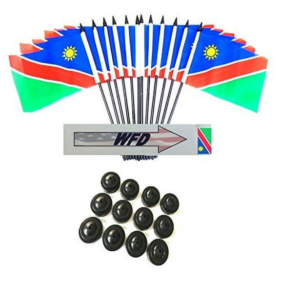 Pack of 12 4"x6" Namibia Polyester Miniature Office Desk & Little Table Flags, 1 Dozen 4"x 6" Namibian Small Mini Handheld Waving Stick Flags with 12 Flag Bases (Flags with Stands)