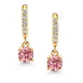 thumbnail image 4 of Gem Stone King 10K Yellow Gold Pink and White Lab Grown Diamond Dangle Drop Huggie Hoop Earrings for Women (0.60 Cttw, Gemstone April Birthstone, Round 4MM), 4 of 6
