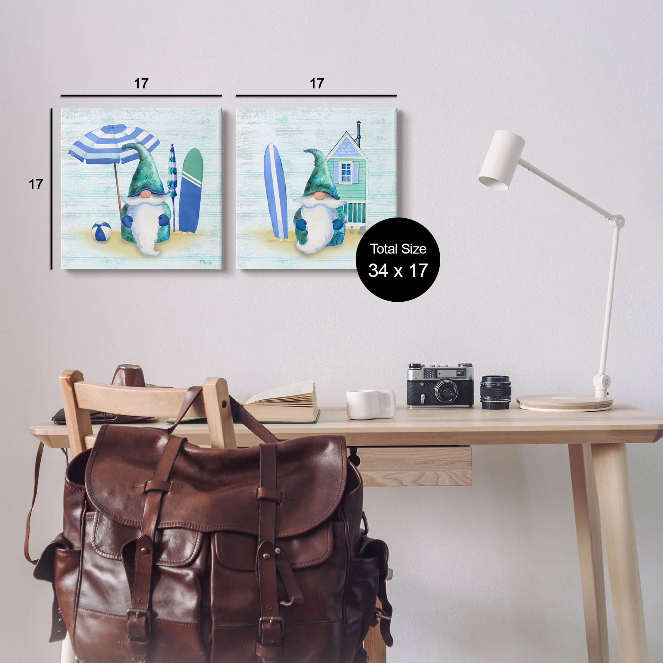 Nautical Gnomes Beach Surfboards Fairy Tales & Fantasy Graphic Art Gallery Wrapped Canvas Print Wall Art, Set of 2
