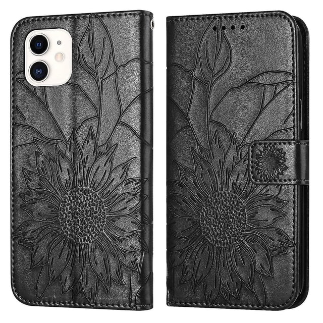 Funda tipo cartera con girasoles grabados para iPhone 11, multifuncional, elegante y con protección total.