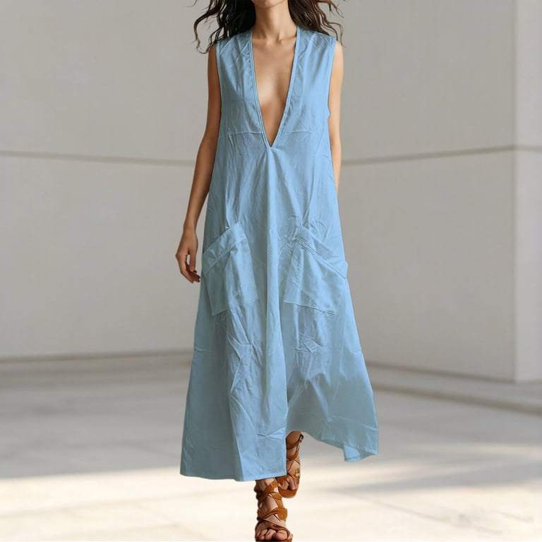 WEIGFI Womens Dress Summer Party V-Neck Sleeveless Solid Color With Pocket  Casual Daily Wear Stylish Beach Sundress,Blue,L - Walmart.com