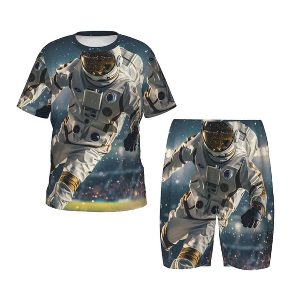 Fotbe Astronaut Soccer Field Pijama Estampada de 2 Piezas para Niños – Ropa de Dormir de Manga Corta Cómoda para Niños y Niñas, Camiseta y Shorts de Algodón-4X-Large