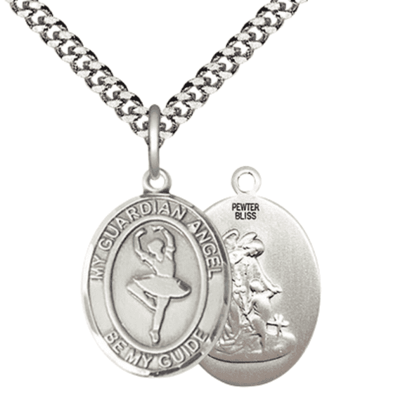 Pewter Guardian Angel Dance Medal Pendant on 24 Inch Endless Rhodium Plated Heavy Curb Brass Chain ,Catholic Religious Necklace -Made in USA- Deluxe Velvet Gift Box