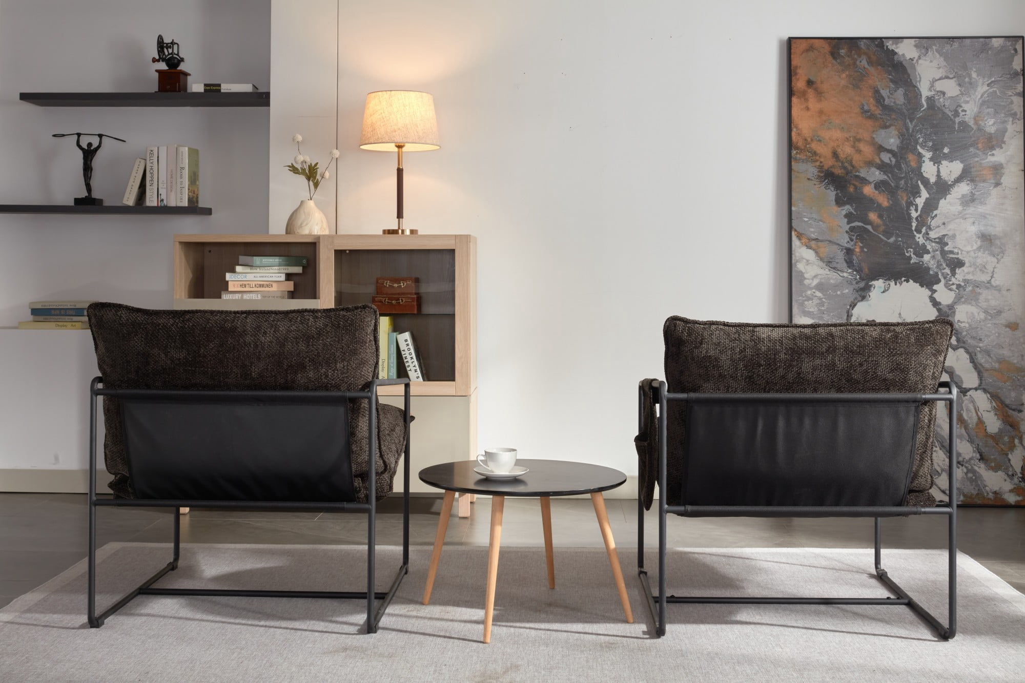 Aukfa Set of 2 Upholstered Sling Accent Chairs, Hanging Armchairs with Arm Pocket, Metal Frame & Crushed Foam Cushions for Living Room/Bedroom, Dark Gray