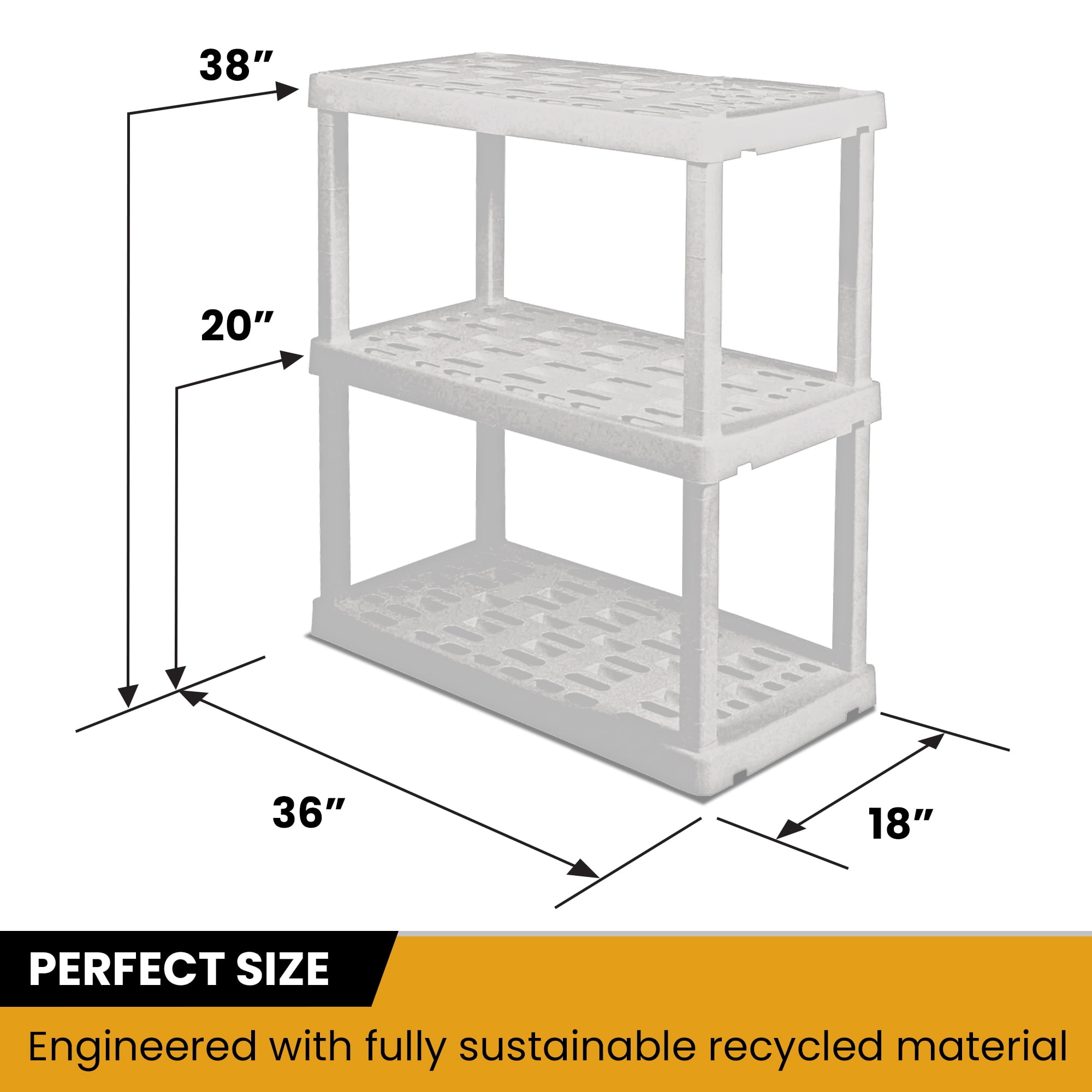 Hyper Tough Plastic Shelving Unit Storage Shelf 3-Tier 38"H x 36"W x 18"D White 450 lbs Capacity